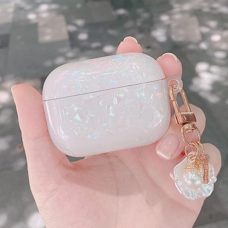 高級光沢のあるシェルパターンヘッドセットairpodsためのプロ 3 シリコーンイヤホン保護カバーかわいい真珠ブレスレットキーホルダー