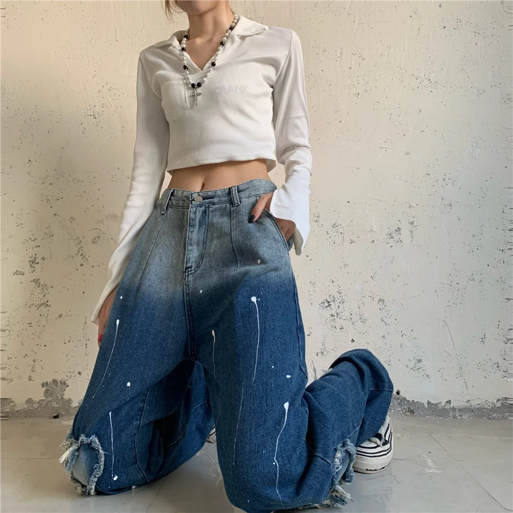 Jeans Pants Women's Autumn Design Straight Pants Jeans Loose Wear Out Denim Wide Leg Pants For Female