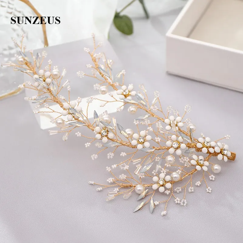 Cabezas de novia con perlas y flores, accesorios de cabeza de boda hechos a mano, cadena dorada, SQ434