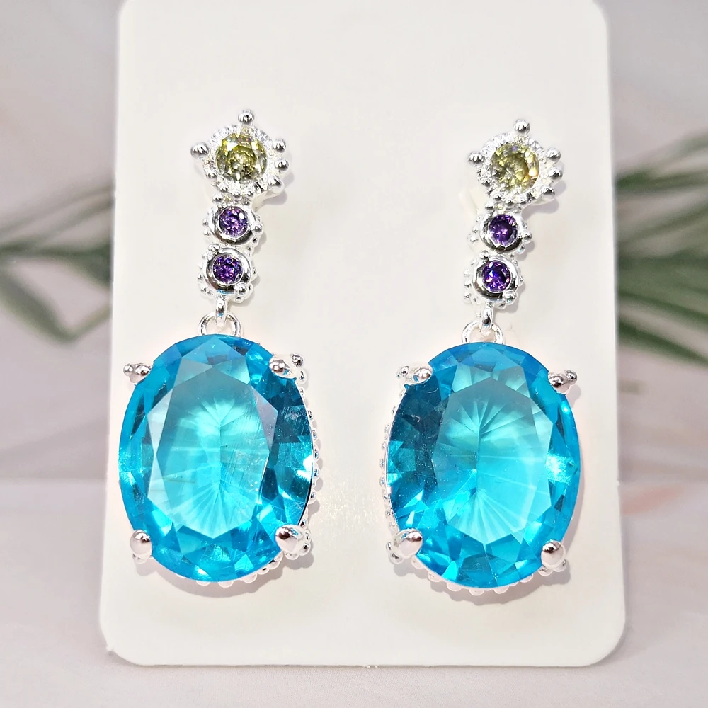 DreamCarnival1989 Women Earrings Silver Plated 32mm Big Drop Aquamarine Zircon Shiny Wedding Anniversary Jewelry Hot Gift WE4119