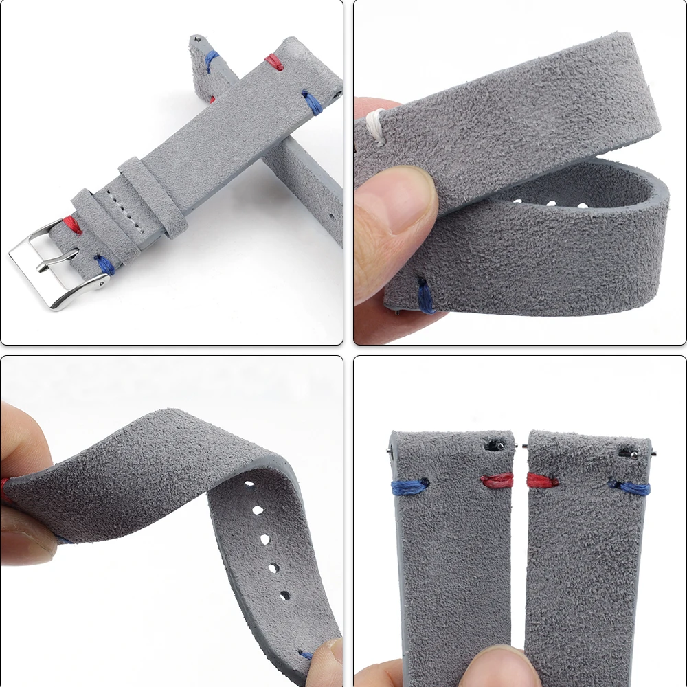 Handmade Suded Leather Comfort Gray Watchband 18mm 20mm 22mm 24mm Stainless Steel Buckle Replacement Strap for Each Watches