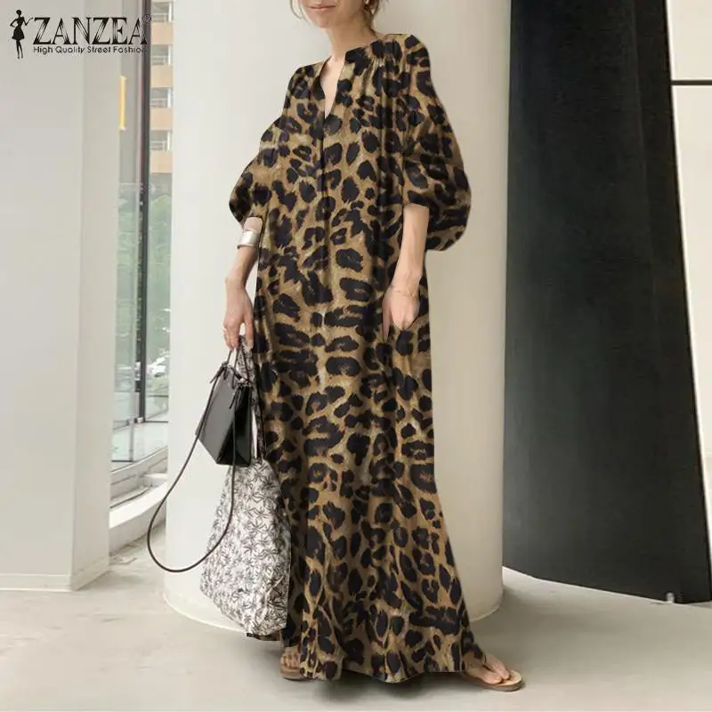 Fashion Leopard Maxi Dress Women's Spring Sundress 2023 ZANZEA Casual Puff Sleeve Long Vestidos Female V Neck Printed Robe Femme