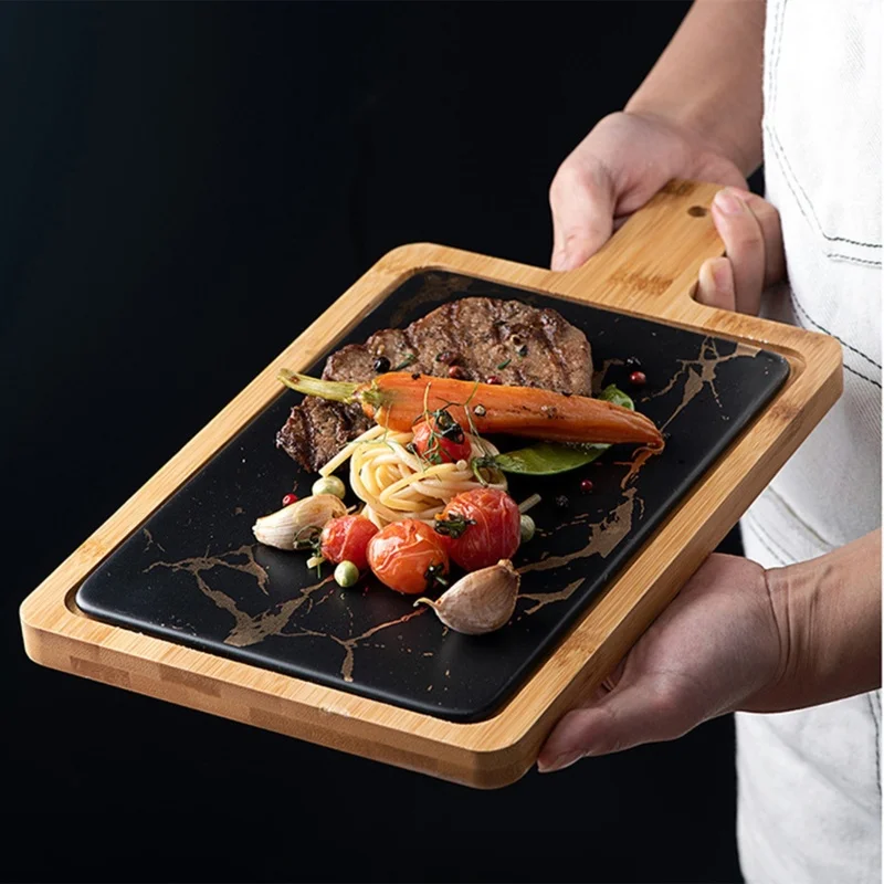 Ceramic Wooden Tray Marbling Black Bronzing Rectangular Handle Steak Western Plate Anti-Scalding Household Kitchen Supplies