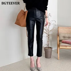 BGTEEVER MIidi Waist Spliced Loose Leather Pants Women Autumn Solid Zipper PU Leather Trousers Women Straight Pants Female