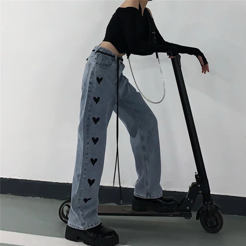 Korean Autumn Winter New Harajuku Style Daniel Jeans Vintage Heart-shaped Printing Wide Leg Old Pants Loose Straight Trousers