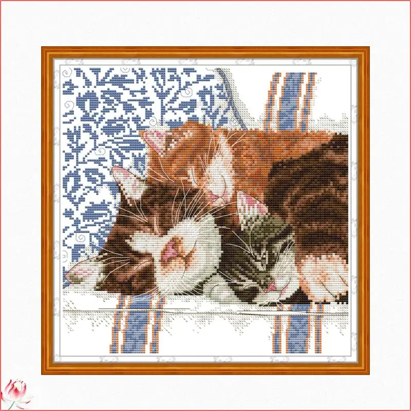 A Lovely Cat Family  Pattern Cross Stitch Animal Embroidery Kit 11CT 14CT Count Printed Fabric Needlework Full Set DIY Sewing