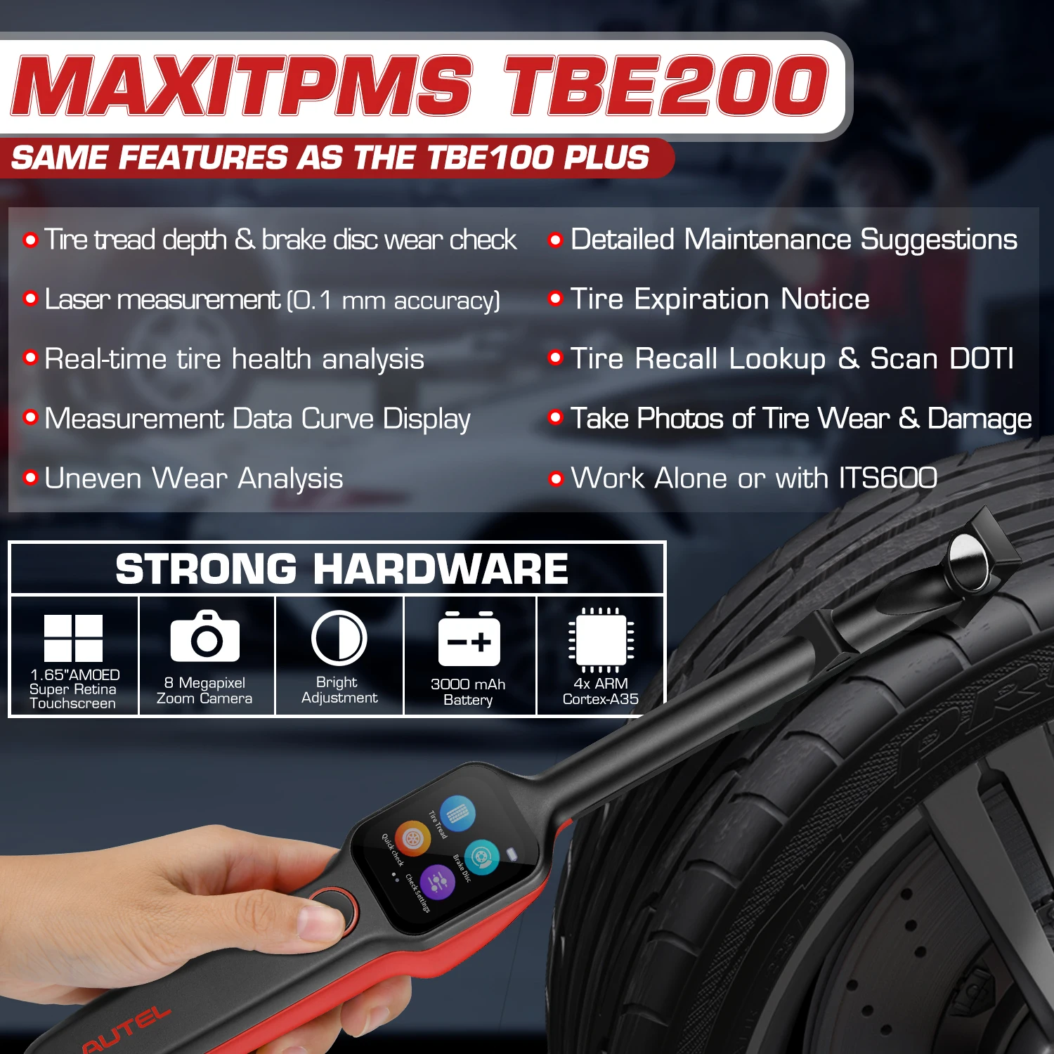 Autel MaxiTPMS TBE200E TPMS Tire Tread Depth Examiner Real-time Data Tire Health Tester Brake Disc Wear Laser-enabled Scan Tools