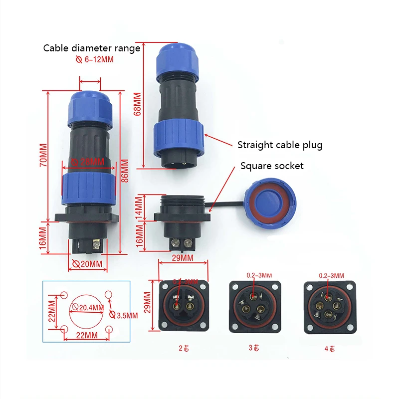 LP20 SP20 IP68 Square Screw crimp Waterproof Connector No welding Wire cable connector 2 3 4 Pin Male and Female plug & socket