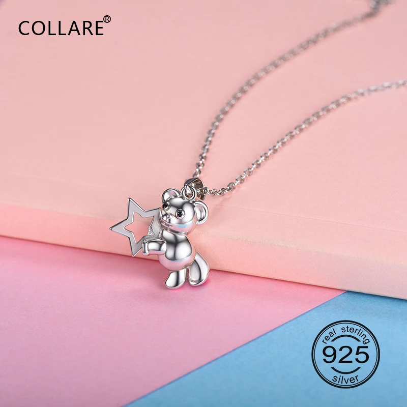 

ChainsPro 925 Sterling Silver Bear Pendant Cute Animal Valentine's Day Jewelry Girl's Dainty Gift Star Necklace Women P629