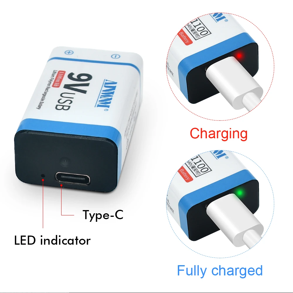 9 فولت USB بطارية قابلة للشحن 6F22 بطارية ليثيوم 9 فولت بطارية للكشف عن المعادن بطارية RC هليكوبتر نموذج ميكروفون لعبة نوع-c