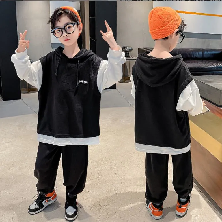 Baby boys spring autumn new sets 2022 hooded patchwork tops + pants 2pcs sets teenage clothing boys suits 6-16 years wz537