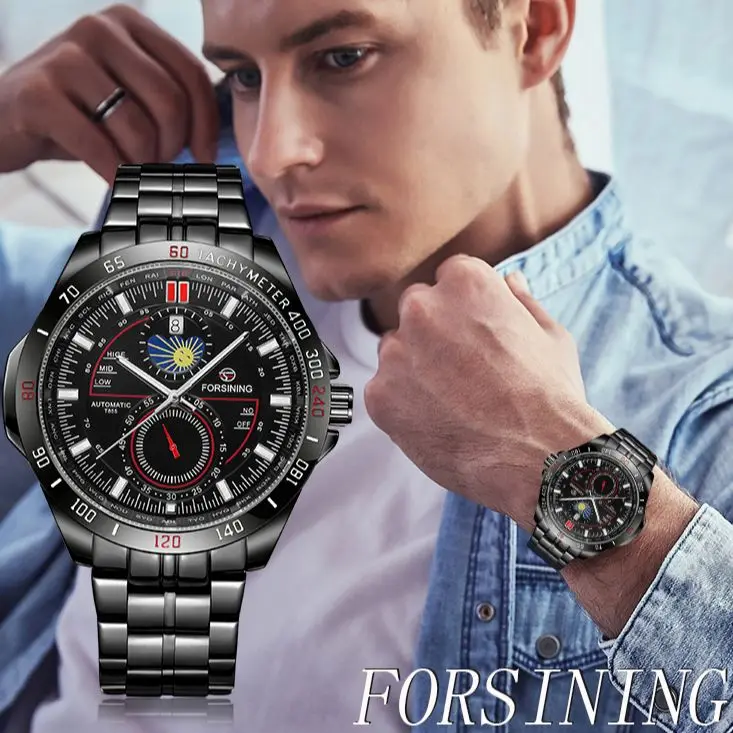 

FORSINING Luminous Date Automatic Winding Mens Watches Full Steel Waterproof Business Moon Phase Mechanical Men Wristwatches