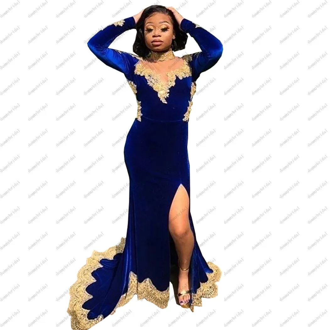 Robe de soirée sirène en velours bleu Royal, col haut, dentelle dorée, robe de bal de standing, manches longues, grande taille