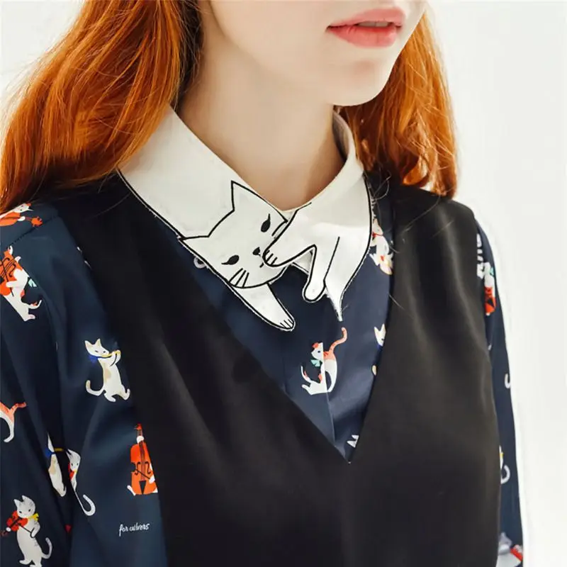 Blusa de media Camisa de algodón para mujer y niña, cuello falso, bordado de gato de dibujos animados, solapa desmontable, informal, Retro, estilo