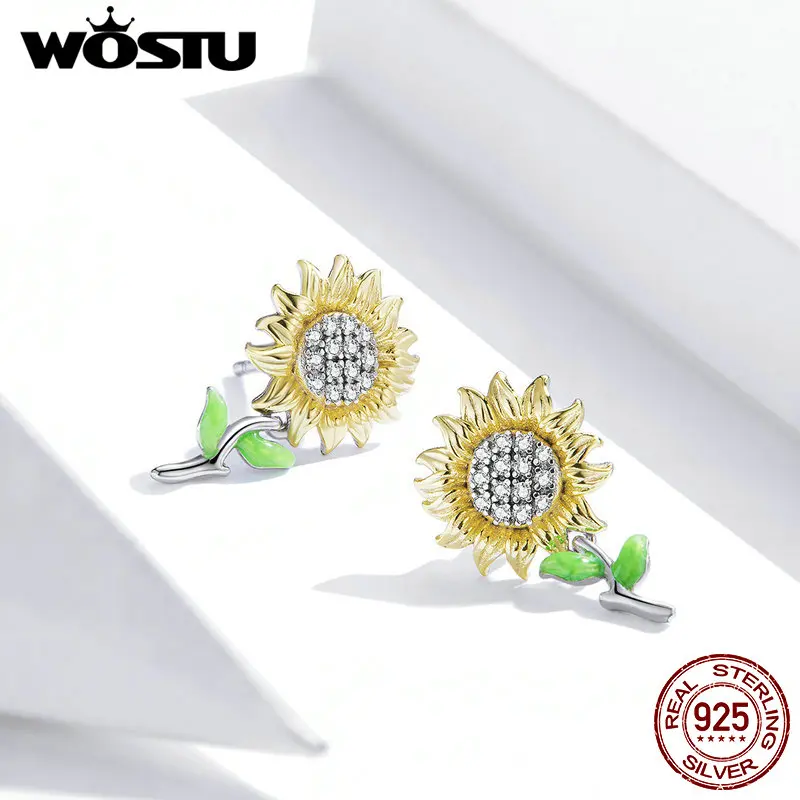 WOSTU Hot Sale Real 925 Sterling Silver Sunflower Exquisite Stud Earrings Stud for Women Trendy Sterling Silver Jewelry CQE919