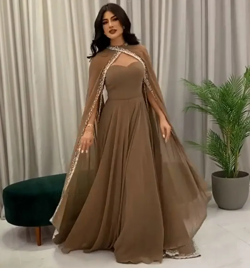 Abito da sera marrone moderno 2023 maniche ad aletta Vestidos De Fiesta Sweetheart abito da ballo in Chiffon Dubai abito da ballo formale arabo