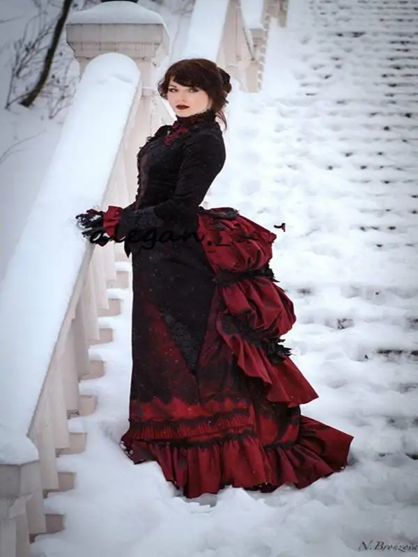 Vintage Black and Burgundy Gothic Wedding Dress Long Sleeve Victorian walking costume Bustle skirt and Velvet Jacket Bride Gowns