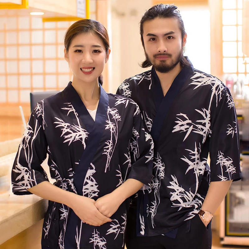 

Men Women Restaurant Waiter Overalls Japanese Sushi Chef Workwear Bamboo Print Kimono Tops Robes Kitchen Uniform Coat Clothing