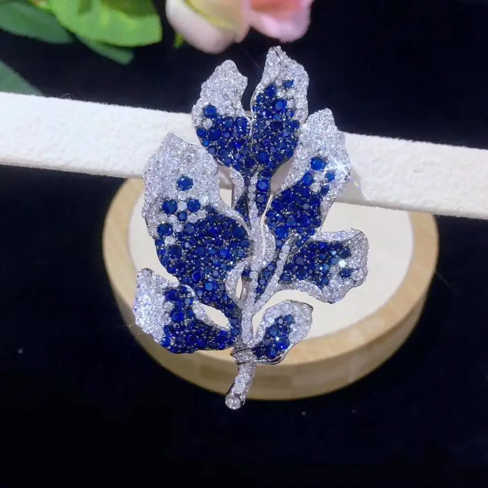 blue color leaf brooch 925 sterling silver with cubic zircon fine women jewelry free shipping classic