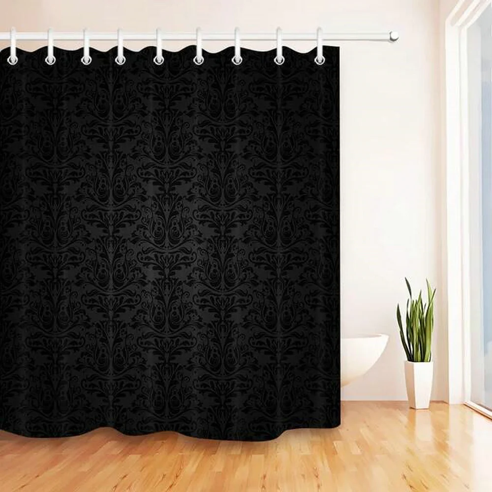 Black Damask Baroque Shower Curtains 3D Vintage Art Abstract Flower Waterproof Polyester Fabric Bathroom Decor Bath Curtain Set