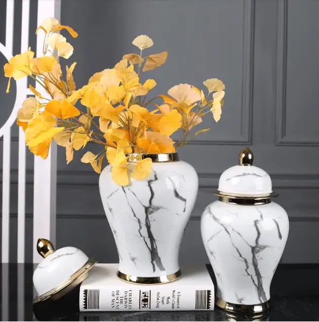 中国スタイルライト高級模造大理石セラミック保存瓶の花瓶の装飾