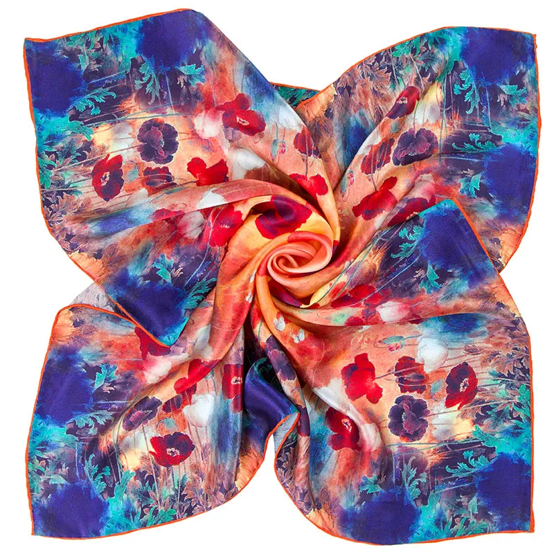 100% Pure Silk Bandana Women Scar Silk Flower Hair Scarf Foulard Square Silk Head Scarf Corn Poppy Silk Handkerchief for Lady