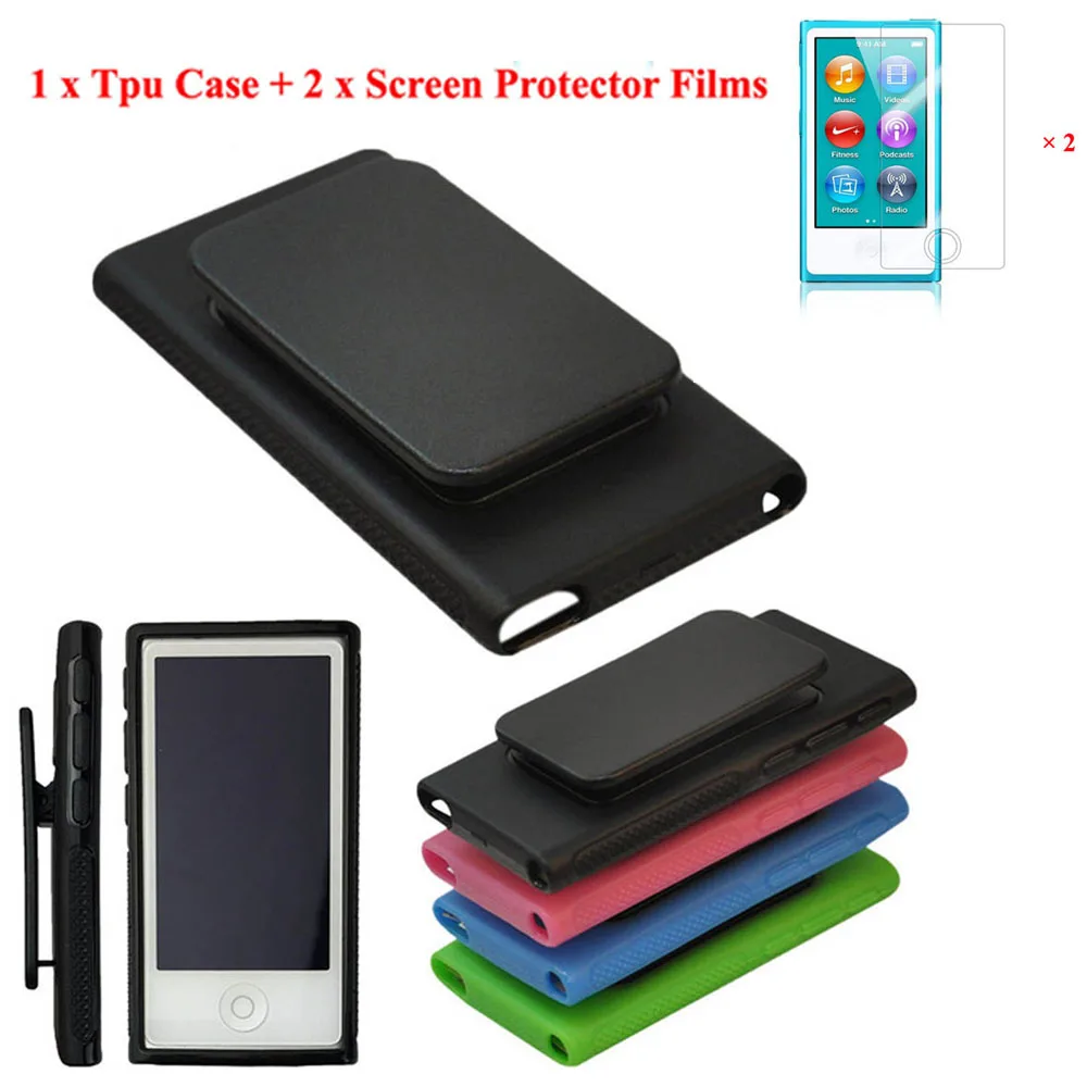 TPU Rubber Gel Soft Skin Case Cover with Belt Clip for iPod Nano 7 7G 7th + 2pcs Screen Protective Films For Nano 7