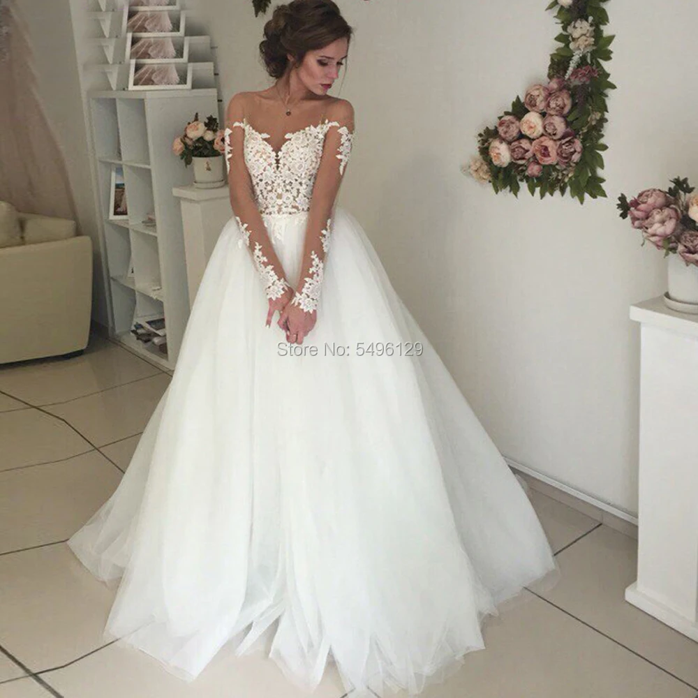 

Elegant Tulle A Line Beach Wedding Dresses Long Sleeves Scoop Lace Appliques Floor Length Backless Bridal Dress Vestido de Noiva