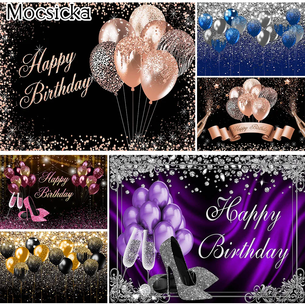 

Mocsicka Glitter Balloon Birthday Backdrop for Girls Women High Heels Balloons Theme Bday Party Decoration Photoshoot Photocall