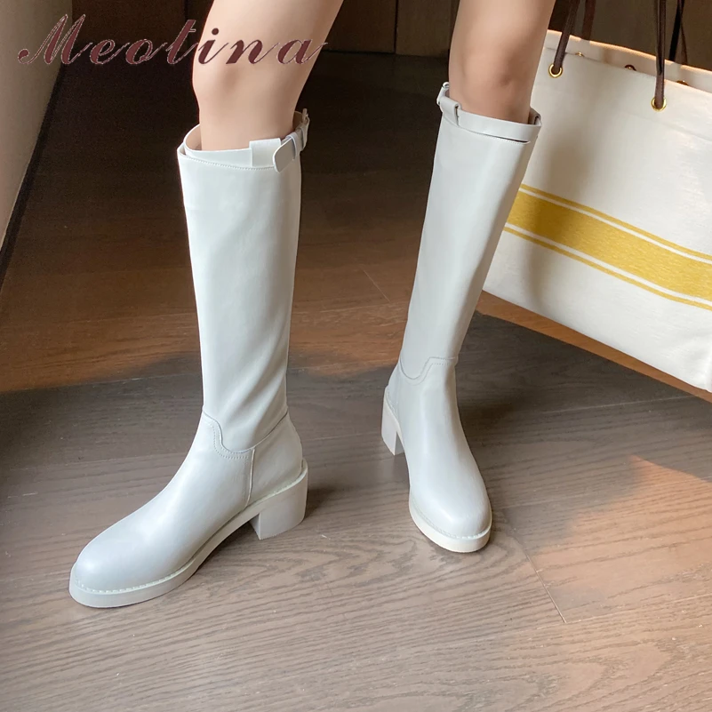 

Meotina Genuine Leather Riding Boots Women Shoes Platform Thick High Heel Knee High Boots Zipper Ladies Boots Autumn Black 33-43