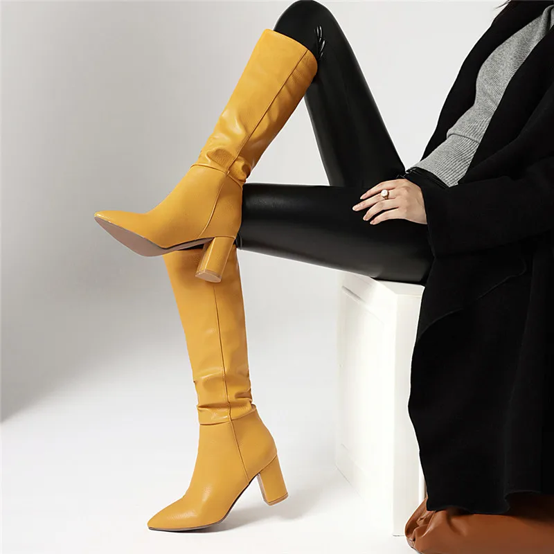 YMECHIC 2024 High Heel Winter Boots Pointed Toe Blue Red Yellow White Black Knight Long Knee High Boots Female Shoes Plus Size