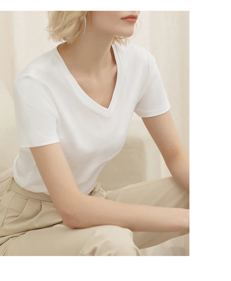 95% Cotton Summer T-shirt Women Solid V-Neck Short Sleeve Simple Basic Harajuku Female Tees Top Camisetas Verano Mujer
