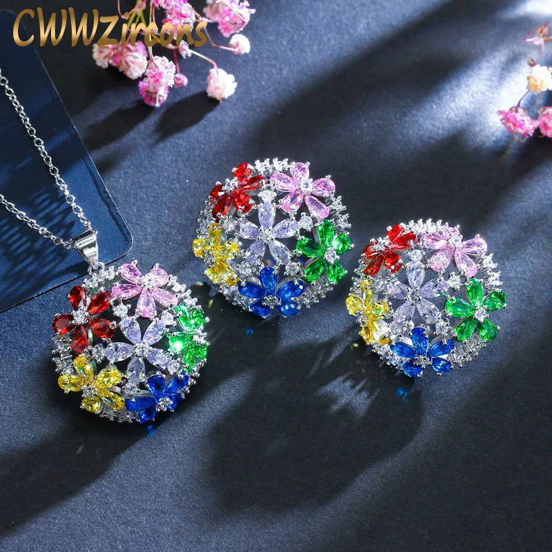 

CWWZircons Multi Color Cubic Zirconia Crystal Half Round Pendant Necklace and Earrings Sets Women Fashion Costume Jewelry T140