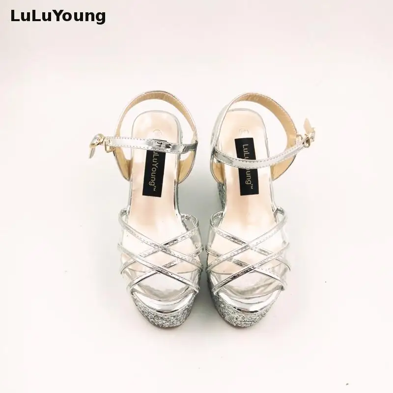 30-43 High Heeled Wedge Sandals Women Platform Sexy Sequins Shoes Open Toe Sandals