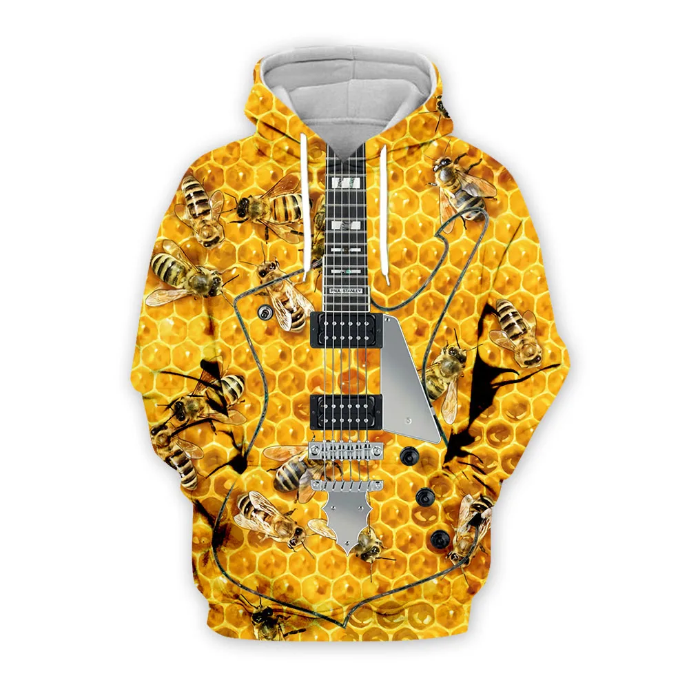 

3D All Over Printed Bee and Guitar Hoodie Pure Raw Honey Harajuku Fashion Hooded Sweatshirt Unisex Casual Jacket pullover DW0034