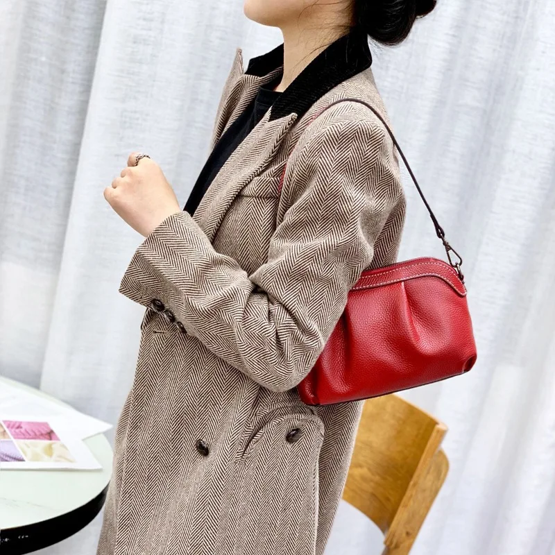 Pretty Pleated Genuine Leather Women Crossbody Bag Small Girl's Shoulder Sling Hobos Bags Brand Designer Natural Cowskin