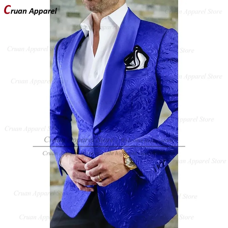 

Tailored Luxury Royal Blue Jacquard Suits for Men Slim Fit Prom Party Wedding Groom Suit Tuxedo Champagne Blazer Vest Pants 3Pcs