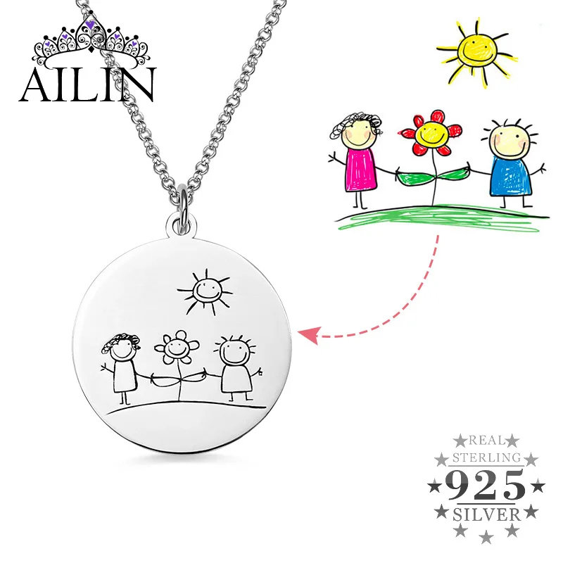 

AILIN 925 Silver Custom Photo Necklace Personalized Children Painting Back Engraved Pendant Jewelry Mother Father Day Gifts