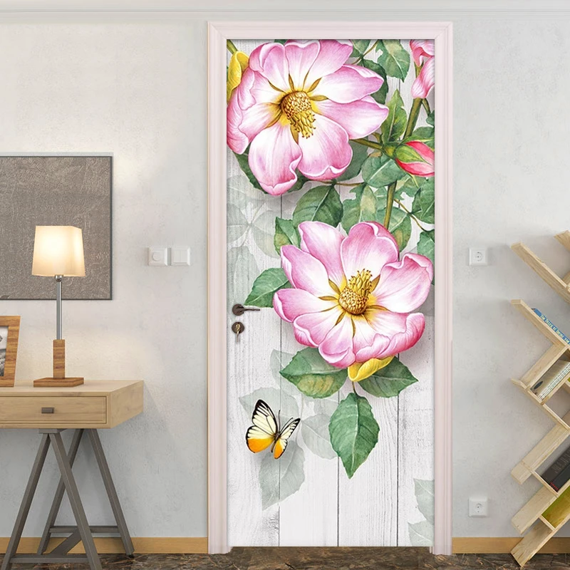 

Creative DIY Self-adhesive 3D Door Sticker Wall Decals Pastoral Floral Flower Butterfly Bedroom Living Room Door Mural Wallpaper