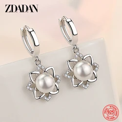 ZDADAN 925 Sterling Silver Vintage Floral Pearl Drop Earrings For Women Fashion Wedding Jewelry Gift