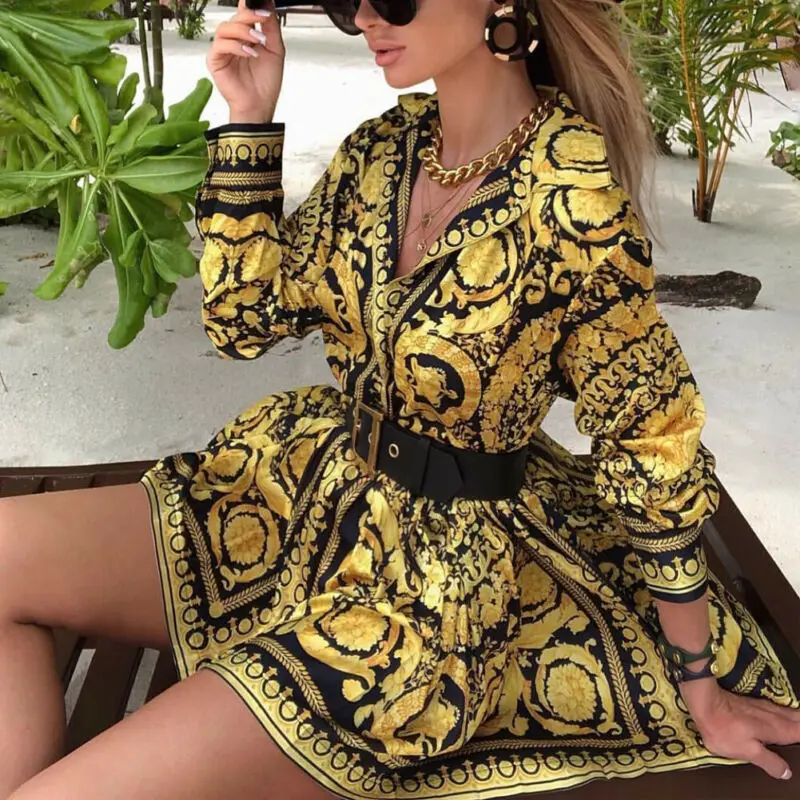 

Mini Dress Women Sexy Vintage Paisley Printed Gold Short V Neck Summer Shirt Dresses Elegant Party Club Wear Robe