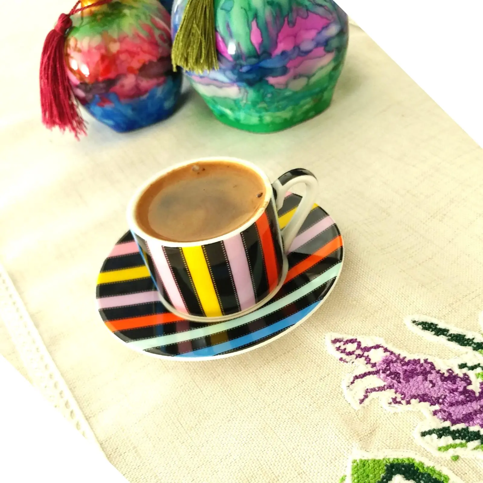 DOLBOVI KOSOVA STRIPE PATTERNED FİNCAN KIT, BLACK STRIPE LUX BONE CHİNA coffee FİNCAN KIT mug кружка coffee cup cup