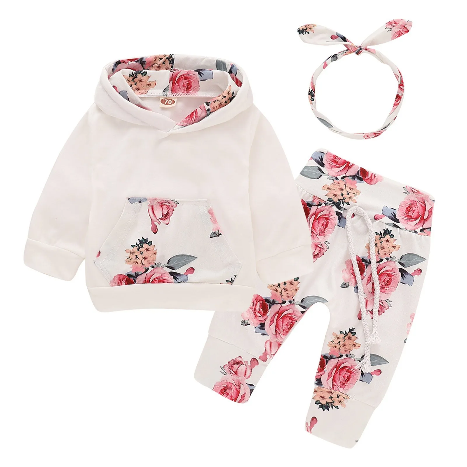 3pcs Newborn Baby Girls Winter Clothes Floral Print Hooded Pullover+Pants Sets Baby Outfits Tracksuit Girl Clothing 3 6 9 12 18M