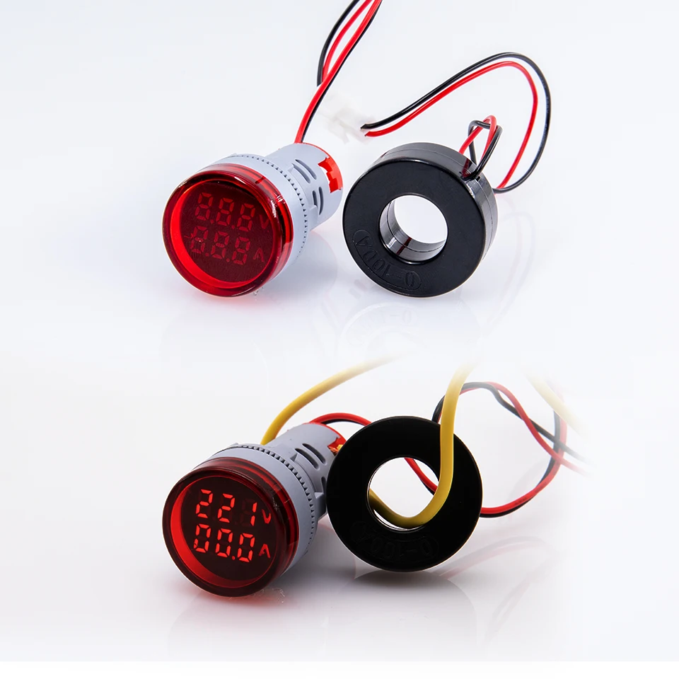 Mini Digital Voltmeter Ammeter 22mm Round AC 50-500V 0-100A Amp Volt Voltage Tester Meter Dual LED Indicator Pilot Lamp Light