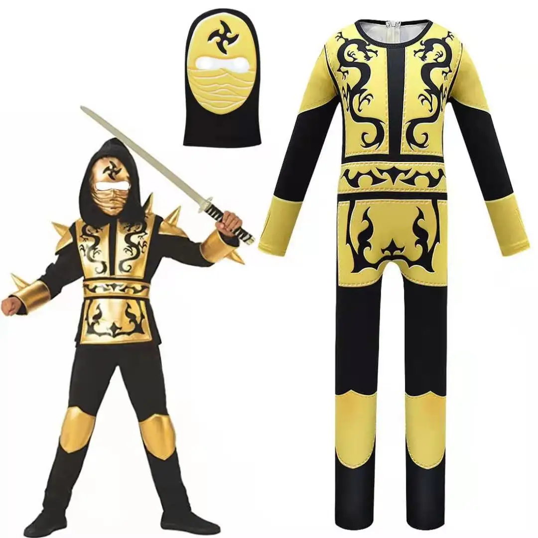 Ninja Costume Kids Gold Sliver Dragon Ninja Costume Hooded Shirt Pants Belt with Mask Carnival Costume