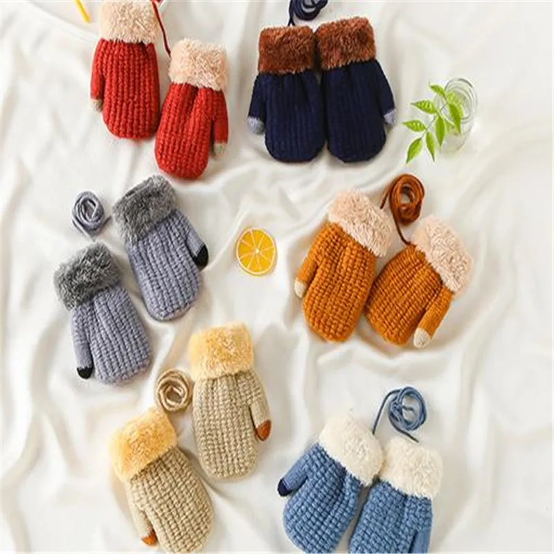 

Winter children imitation cashmere knitting warm gloves pure color double add thickening infant neck hung gloves ST-049