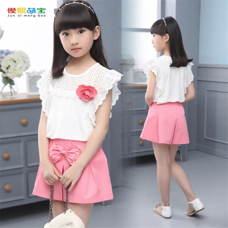 Girl Clothes Sets Summer Child Baby off shoulder T shirt+Bow Short Pants 2pcs Kids Outfits Set 8 9 10 12 Years