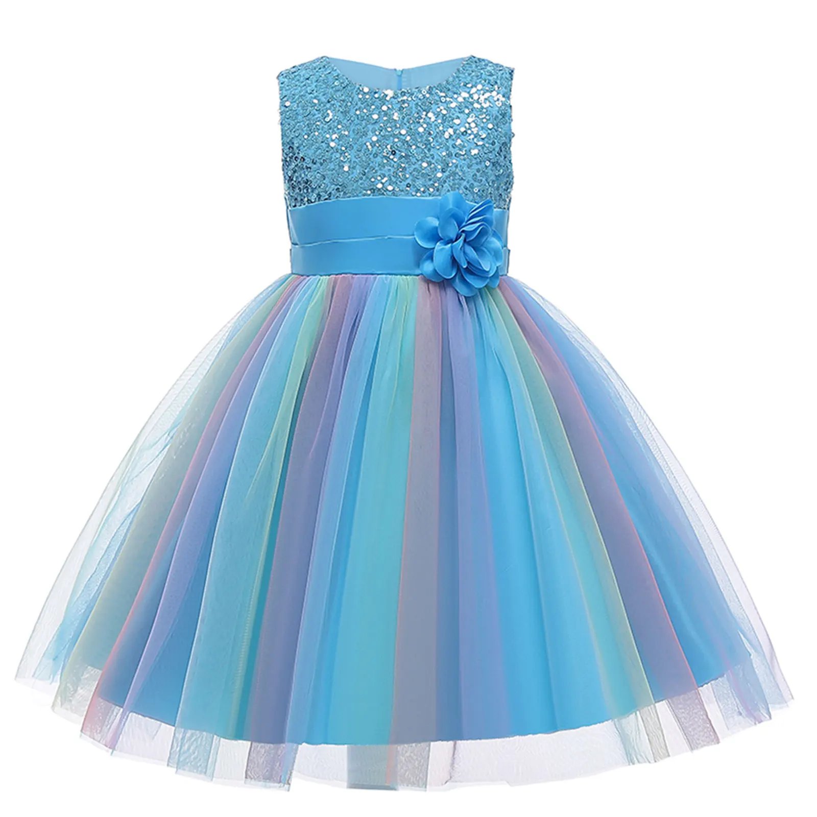 Toddler Baby Girls Formal Dresses Flower Sequins Round Neck Rainbow Mesh Tutu Princess Dress Wedding Party Gown Prom Dress