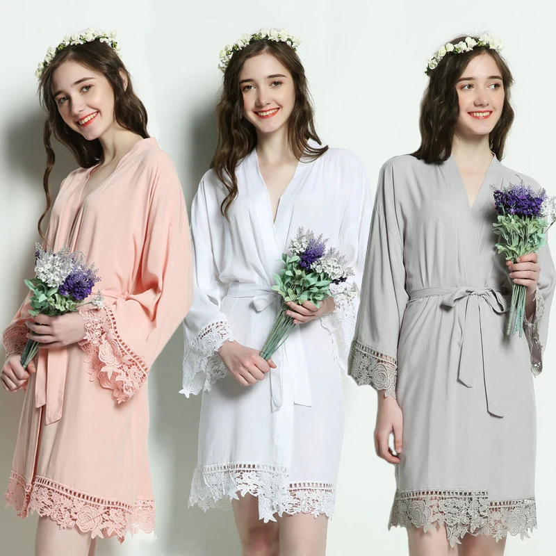 Rayon Cotton Bride Robe Bridesmaid Robes with Trim Lace Robe Women Wedding Bridal Robe Short Belt Bathrobe Plus Size Ladies Gown