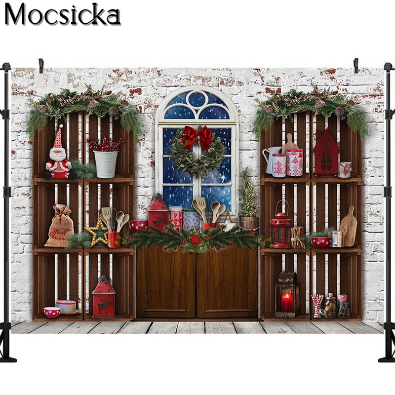 MOCSICKA zimowe okno boże narodzenie kuchnia tła fotografia wieniec bożonarodzeniowy ściana z białej cegły rekwizyty fotograficzne Studio stoisko tło